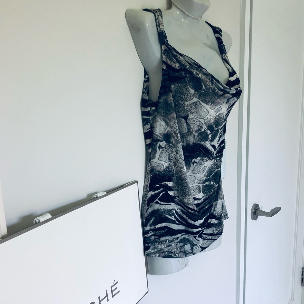 Cache Black & White Patterned Women’s Top with metallic accents Size XS